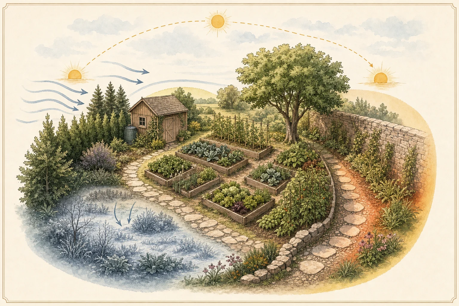Illustrated sun path and microclimate diagram over a garden shed with windbreak trees.